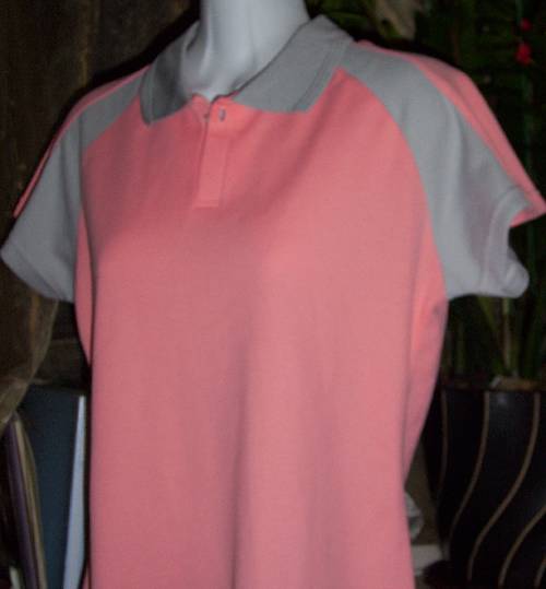 粉橘色剪接灰色杜邦纖維短拉克蘭袖PoLo衫